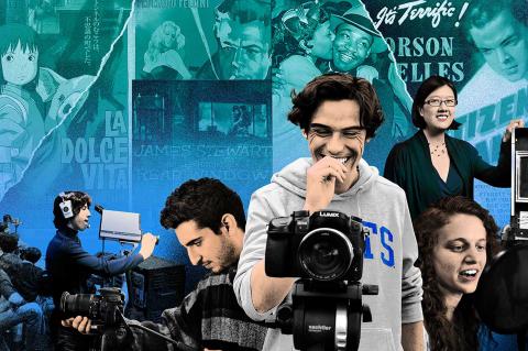 A collage of students working in film and media