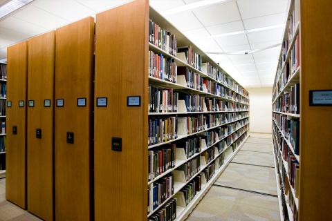 Bookshelves in library