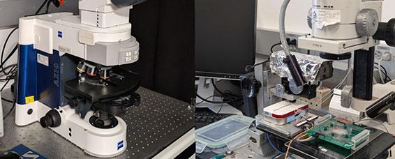 Microscopy and functional imaging setup featuring high-resolution microscopes, optical imaging equipment, electronic components