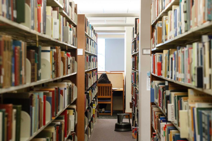 View of two book stacks and a student studying at a cubicle in Tisch Library