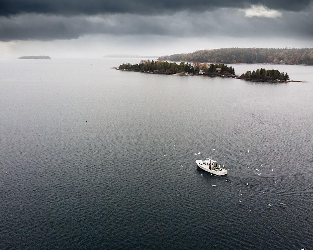 Lobster boat off the coast of Maine on a stormy day, surrounded by seagulls