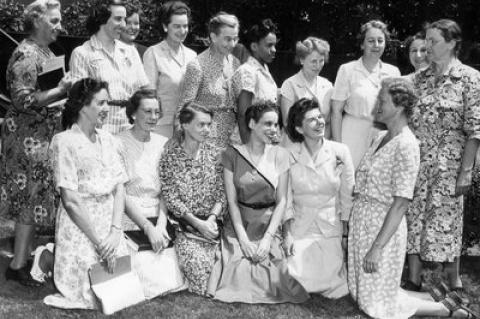 Vintage black and white photo of female students