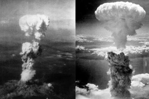 The mushroom clouds above Hiroshima and Nagasaki following the atomic bombings on August 6 and August 9, 1945