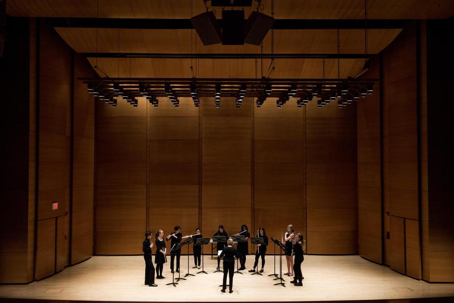 Tufts University Flute Ensemble rehearsal in Distler Performance Hall