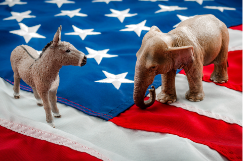 Democrat donkey next to Republican elephant
