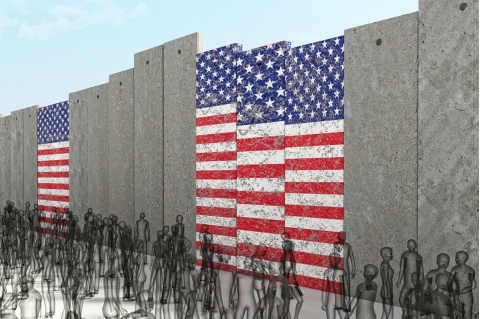 Wall with the American flags displayed