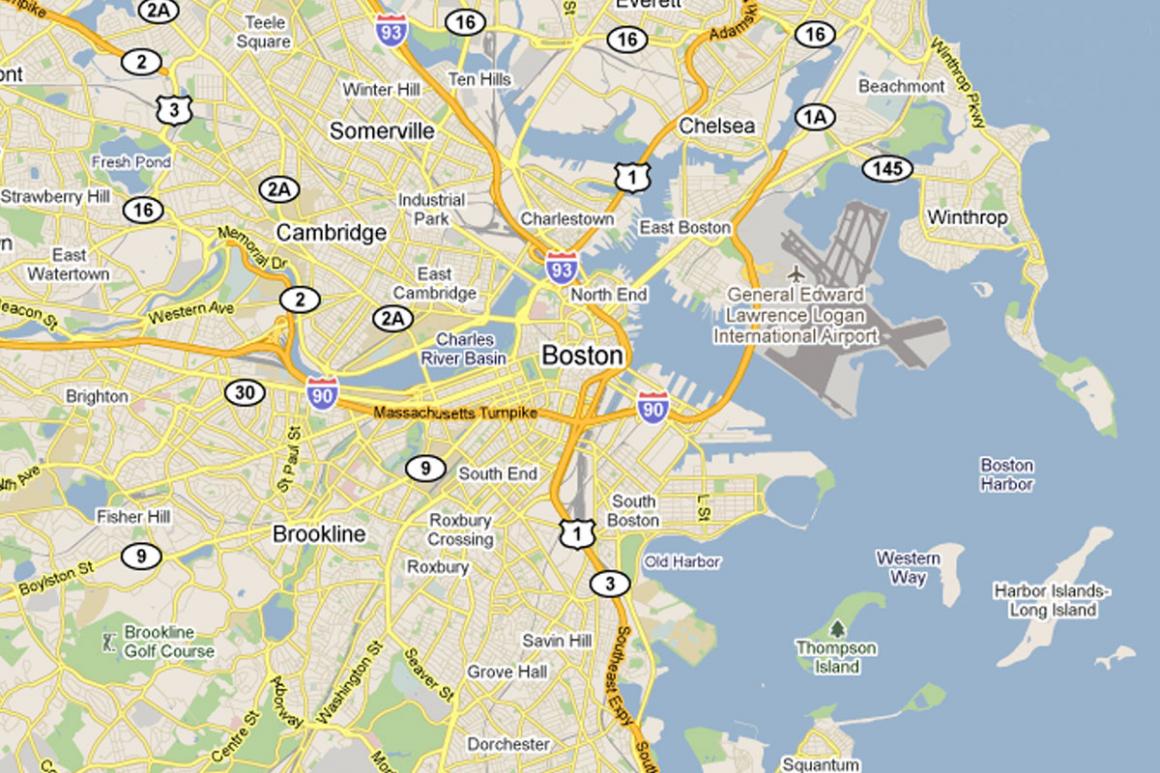 Map of the Boston area and surrounding towns and cities