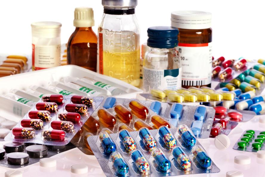 Pharmaceutical pills and drugs displayed on a table