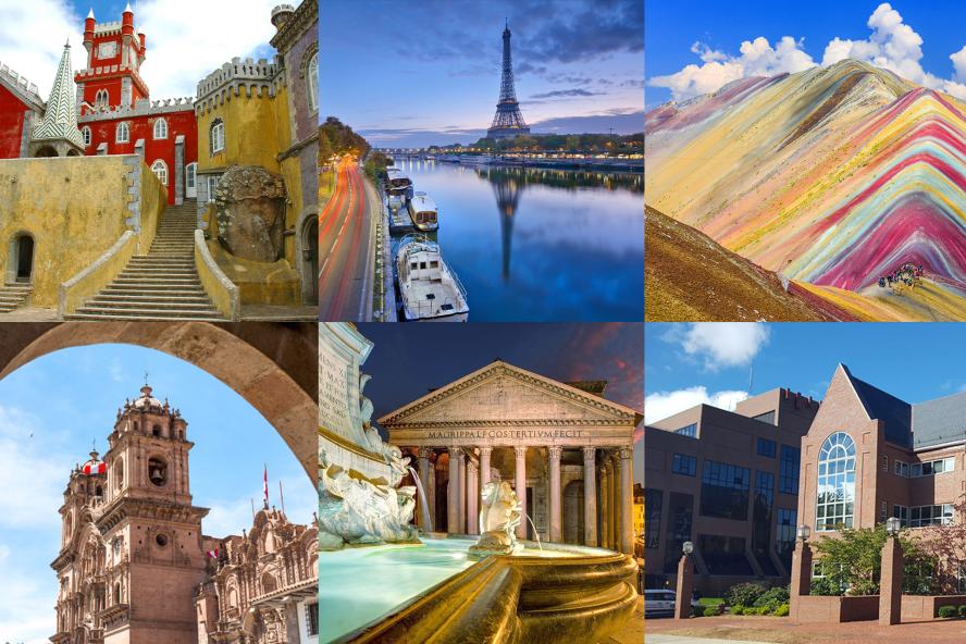 Collage of photos depicting Italy, France, Portugal, Spain and Olin Center