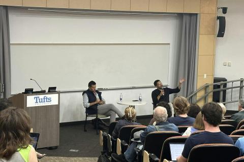 Óscar Martínez and Iván Espinoza talk to the Tufts Community about the "High Cost of Democracy" in the ASEAN Auditorium on Oct. 3