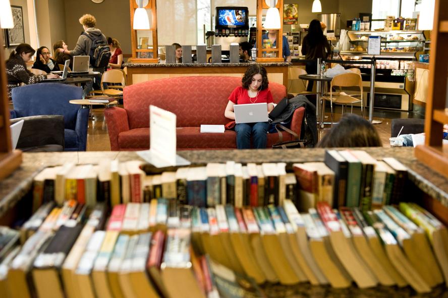student studying in a library