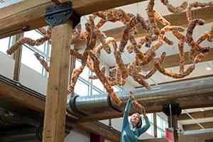 Lynda Cutrell hangs her sculpture of the full human DNA sequence in the CLIC building.