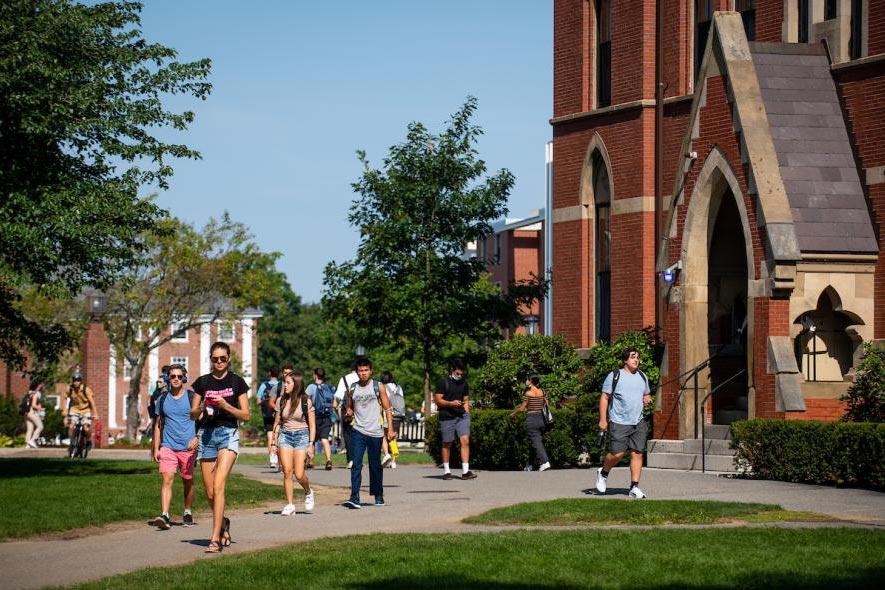 Students walking on Medford campus of Tufts University