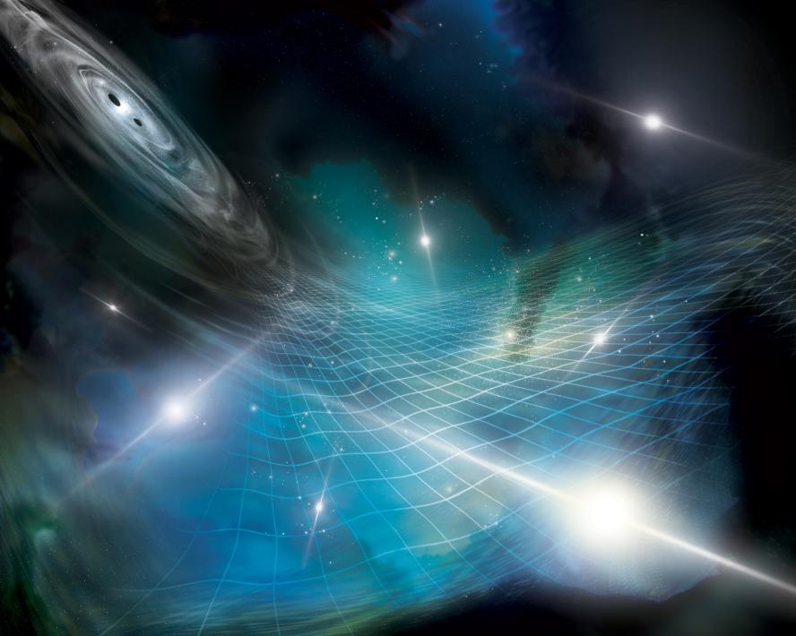Artist’s interpretation of an array of pulsars being affected by gravitational ripples produced by a supermassive black hole binary in a distant galaxy.