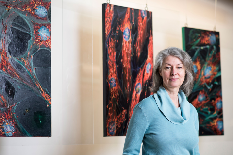 Artist Lynda Cutrell with some of her work at the CLIC Building at Tufts University