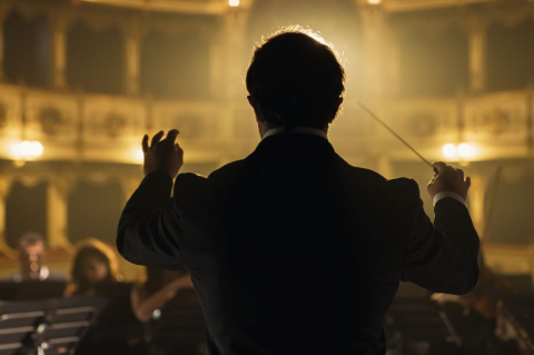 Silhouette of a conductor conducting, seen from behind, in a golden hall