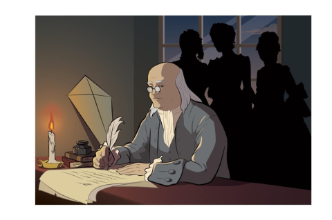 Man sitting at desk with candle writing with quill, with silhouettes of three women behind him