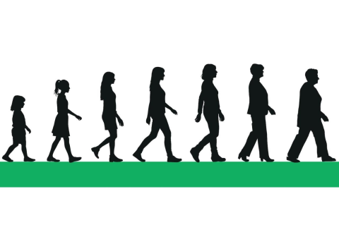 Silhouette of a crawling baby, walking little girl, walking young woman, walking middle aged woman, and older woman with a cane