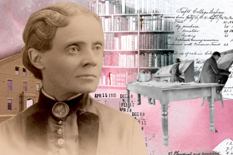 old fashioned portrait of a woman against backdrop of building, books, table and reading students