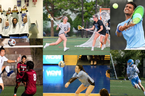 Collage for six photos of Tufts athletes. Tufts had the most successful NCAA Division III athletics program in 2021-2022, winning the Learfield Directors’ Cup for the first time