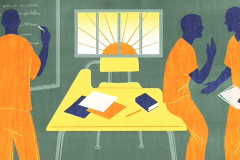 Illustration of one man writing on a chalkboard while two others talk, with sunlight coming in through a window with bars on it. As part of the Tufts Prison Initiative, a philosophy teacher and her students held an Ethics Bowl with incarcerated stude