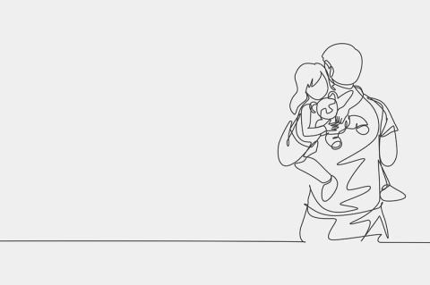 One continuous line drawing young happy father hugging his sleepy daughter while holding baby doll.