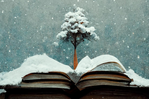 Illustration of a stack of books in snow, with a snow-covered tree coming out of an open book. The Tufts University community give their winter book recommendations 