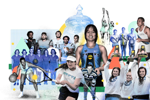 Contemporary and archival photos show Tufts student-athletes playing sports and holding awards