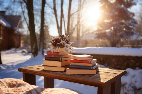 Books piled on a coffee table outdoors in snow on a sunny day. Tufts faculty, staff, and students offer a wide-ranging selection of book recommendations for your reading pleasure