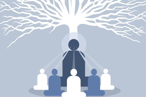 Illustration of a large figure under a tree and 6 smaller figures sitting in front of the main figure. A new course examines gurus and their dreams of utopias to help us understand how religion works and maybe also how organized religion begins