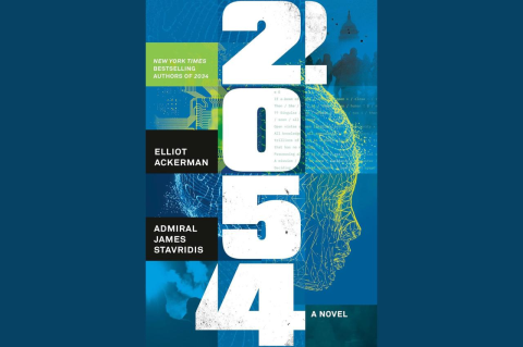 Book cover for the novel 2054. Following up on their bestselling novel “2034,” Tufts alums Elliot Ackerman and James Stavridis offer a cautionary tale of civil strife in the U.S. and the rise of biological AI