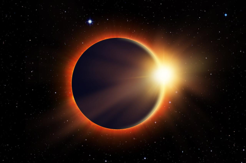 An illustration of the sun peeking out behind the moon in a solar eclipse. Any given place on Earth will experience a total solar eclipse only once in about every 360 years, though it varies by location