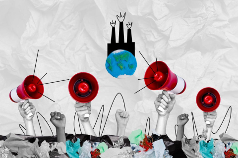 Clenched fists, four holding red bullhorns, loom over a pile of trash, with a blue Earth in the area above them, with an illustration factory smokestacks above the Earth.