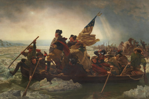 Painting of George Washington standing in an open boat, with one man holding a U.S. flag and others rowing through icy waters