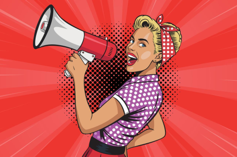 A woman holds a megaphone in a colorful Pop Art-style illustration