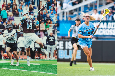 On the right, Tufts lacrosse player Garrett Kelly and a defender from Wesleyan on the field; on the right, Sophia Claps holds a lacrosse stick with the ball and runs, while a referee runs behind her 