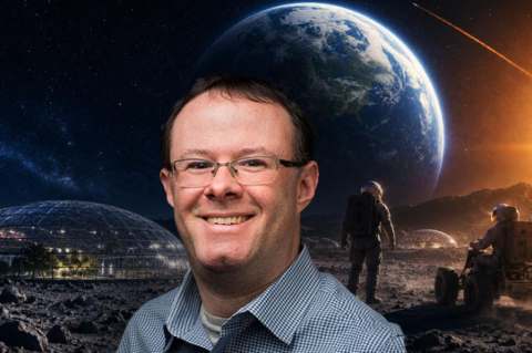 A portrait of Justin Hollander with images of fictional Mars buildings in the background.
