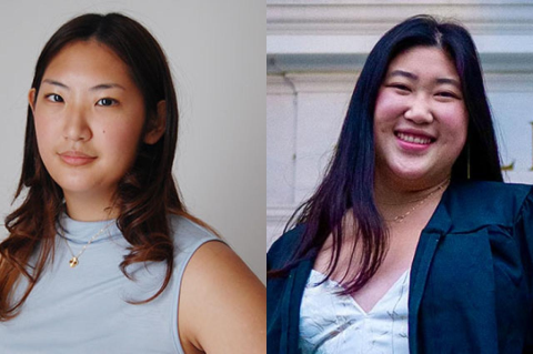 Side‑by‑side portraits of two young women: one wearing a sleeveless light blue top, and the other dressed in a dark graduation gown over a light blouse