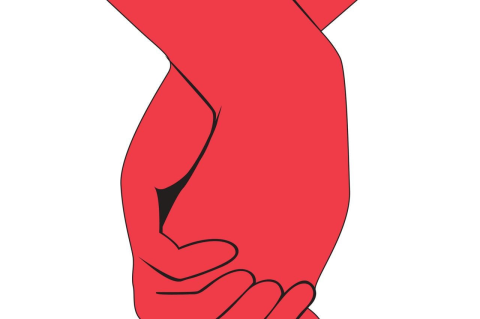 An illustration of two red arms holding hands